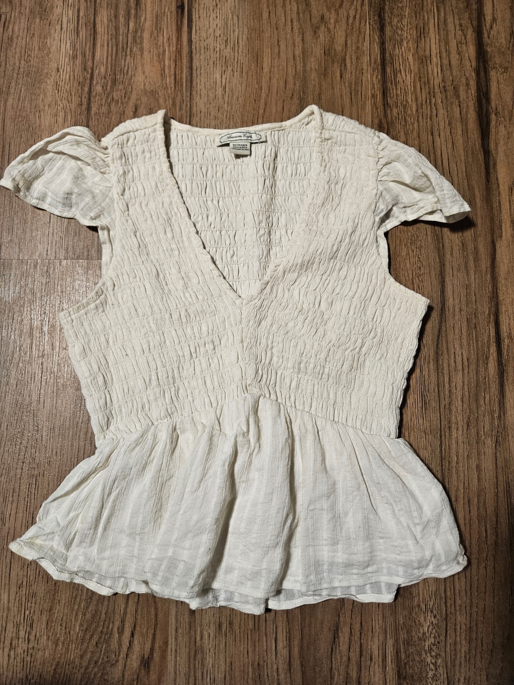 American Eagle Outfitters Cream Smocked V-Neck Peplum Top